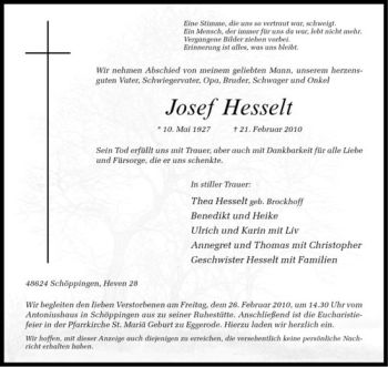 Anzeige von Josef Hesselt von Westfälische Nachrichten