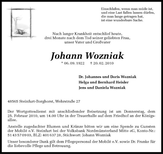  Traueranzeige für Johann Wozniak vom 23.02.2010 aus Westfälische Nachrichten