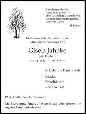 Anzeige von Gisela Jahnke von Westfälische Nachrichten
