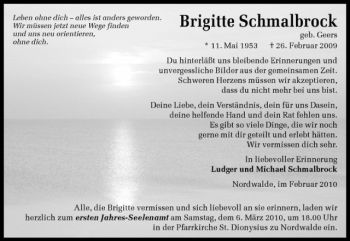 Anzeige von Brigitte Schmalbrock Geers von Westfälische Nachrichten