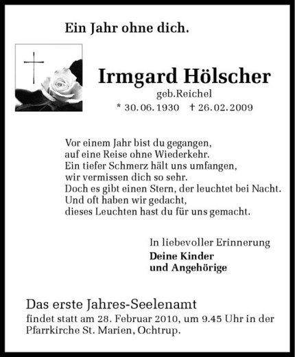  Traueranzeige für Irmgard Hölscher vom 24.02.2010 aus Westfälische Nachrichten