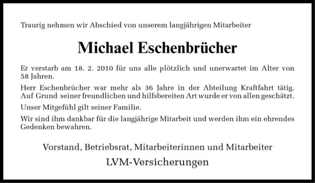  Traueranzeige für Michael Eschenbrücher vom 26.02.2010 aus Westfälische Nachrichten