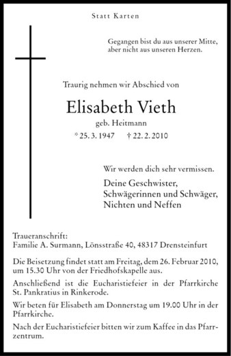  Traueranzeige für Elisabeth Vieth vom 24.02.2010 aus Westfälische Nachrichten