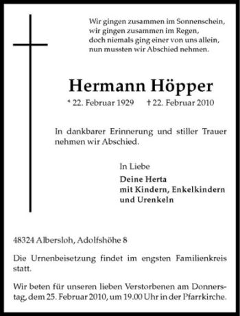 Anzeige von Hermann Höpper von Westfälische Nachrichten