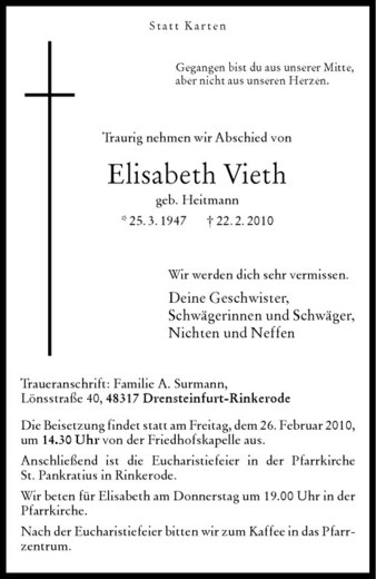  Traueranzeige für Elisabeth Vieth vom 25.02.2010 aus Westfälische Nachrichten