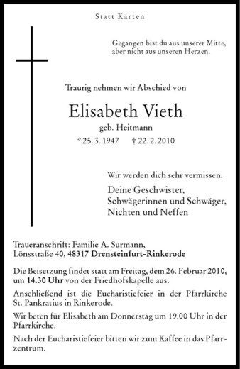 Anzeige von Elisabeth Vieth von Westfälische Nachrichten