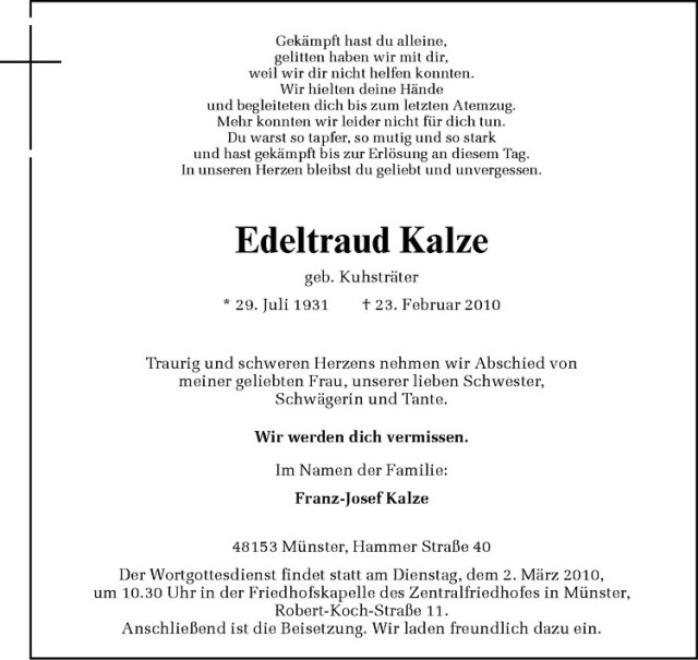  Traueranzeige für Edeltraud Kalze vom 26.02.2010 aus Westfälische Nachrichten