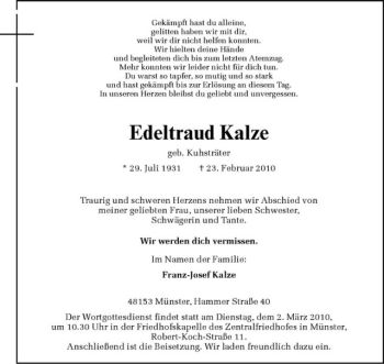 Anzeige von Edeltraud Kalze von Westfälische Nachrichten