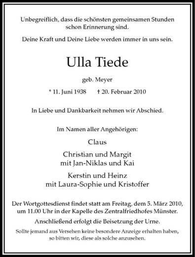  Traueranzeige für Ulla Tiede vom 02.03.2010 aus Westfälische Nachrichten