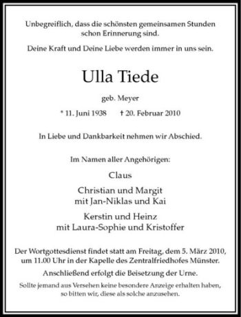 Anzeige von Ulla Tiede von Westfälische Nachrichten