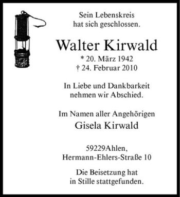 Anzeige von Walter Kirwald von Westfälische Nachrichten