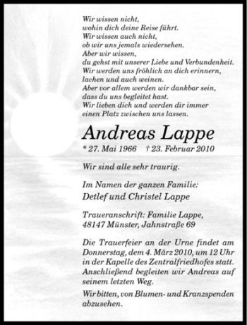 Anzeige von Andreas Lappe von Westfälische Nachrichten