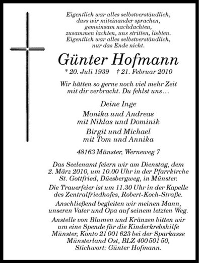  Traueranzeige für Günter Hofmann vom 27.02.2010 aus Westfälische Nachrichten