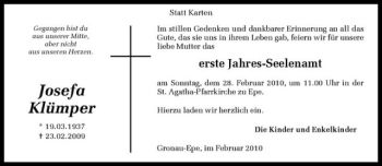 Anzeige von Josefa Klümper von Westfälische Nachrichten
