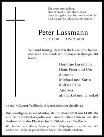 Anzeige von Peter Lassmann von Westfälische Nachrichten