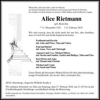 Anzeige von Alice Rietmann von Westfälische Nachrichten
