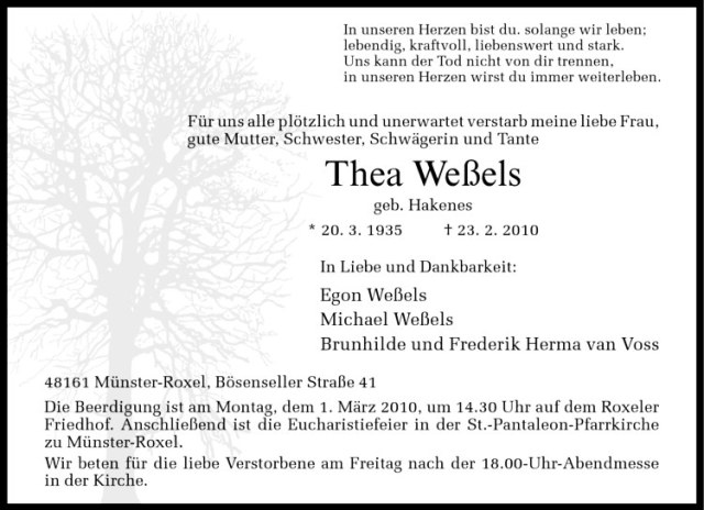  Traueranzeige für Thea Weßels vom 26.02.2010 aus Westfälische Nachrichten
