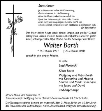 Anzeige von Walter Barth von Westfälische Nachrichten