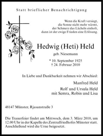 Anzeige von Hedwig Held von Westfälische Nachrichten