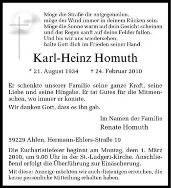 Anzeige von Karl-Heinz Homuth von Westfälische Nachrichten