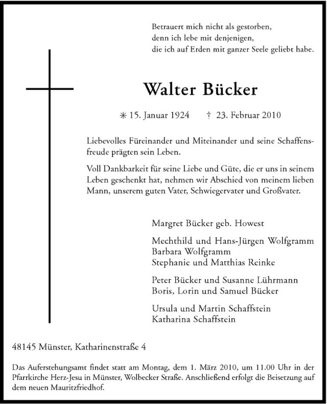  Traueranzeige für Walter und Margarethe Bücker vom 26.02.2010 aus Westfälische Nachrichten