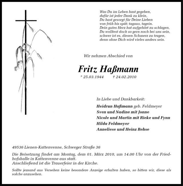  Traueranzeige für Fritz Haßmann vom 26.02.2010 aus Westfälische Nachrichten