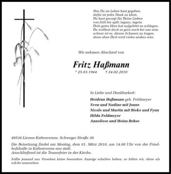 Anzeige von Fritz Haßmann von Westfälische Nachrichten