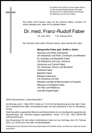 Anzeige von Franz-Rudolf Faber von Westfälische Nachrichten
