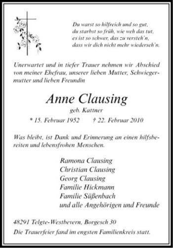 Anzeige von Anne Clausing von Westfälische Nachrichten