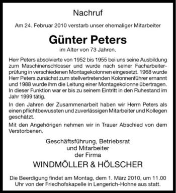 Anzeige von Günter Peters von Westfälische Nachrichten