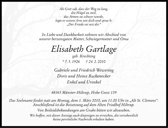  Traueranzeige für Elisabeth Gartlage vom 27.02.2010 aus Westfälische Nachrichten