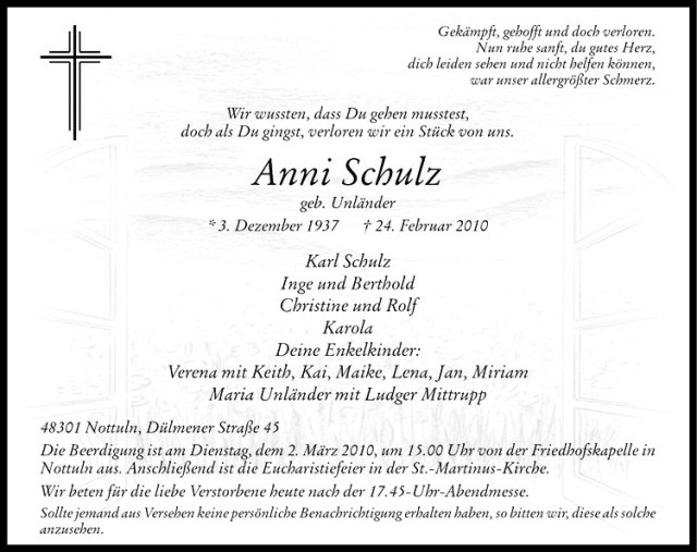  Traueranzeige für Anni Schulz vom 27.02.2010 aus Westfälische Nachrichten