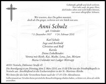 Anzeige von Anni Schulz von Westfälische Nachrichten
