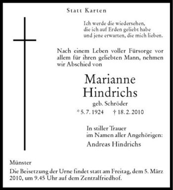 Anzeige von Marianne Hindrichs von Westfälische Nachrichten