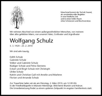 Anzeige von Wolfgang Schulz von Westfälische Nachrichten