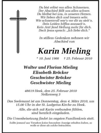 Anzeige von Karin Mieling von Westfälische Nachrichten