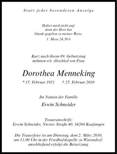  Traueranzeige für Dorothea Menneking vom 27.02.2010 aus Westfälische Nachrichten