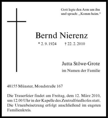 Anzeige von Bernd Nierenz von Westfälische Nachrichten