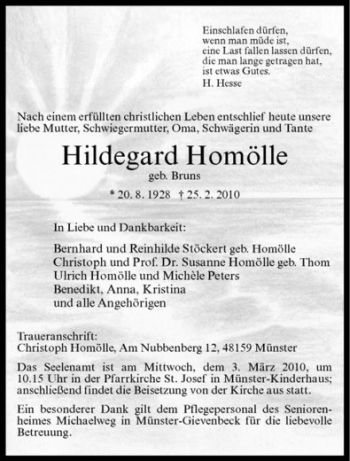 Anzeige von Hildegard Homölle von Westfälische Nachrichten