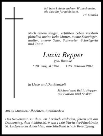 Anzeige von Luzia Repper von Westfälische Nachrichten