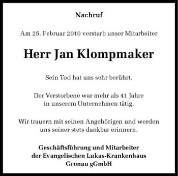 Anzeige von Jan Klompmaker von Westfälische Nachrichten
