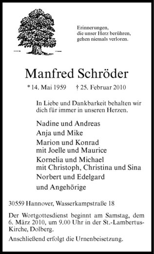  Traueranzeige für Manfred Schröder vom 02.03.2010 aus Westfälische Nachrichten