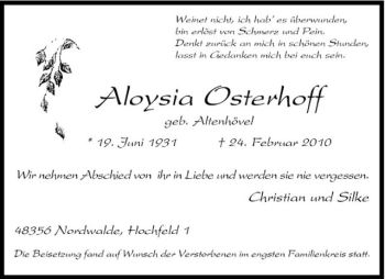 Anzeige von Aloysia Osterhoff von Westfälische Nachrichten