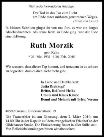 Anzeige von Ruth Morzik von Westfälische Nachrichten