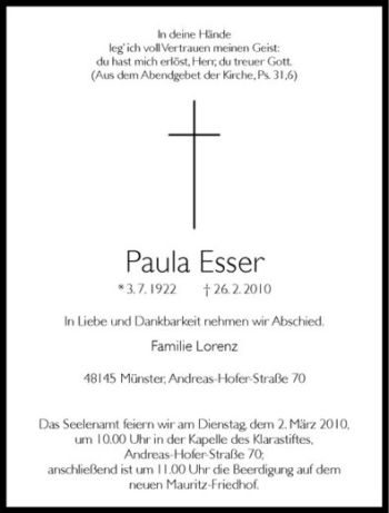 Anzeige von Paula Esser von Westfälische Nachrichten