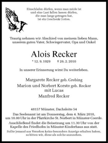 Anzeige von Alois Recker von Westfälische Nachrichten