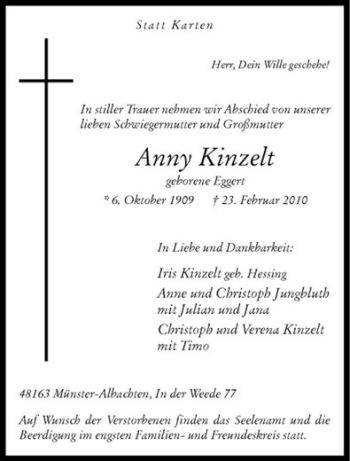 Anzeige von Anny Kinzelt von Westfälische Nachrichten