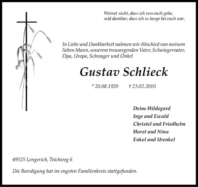  Traueranzeige für Gustav Schlieck vom 02.03.2010 aus Westfälische Nachrichten