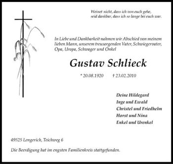 Anzeige von Gustav Schlieck von Westfälische Nachrichten