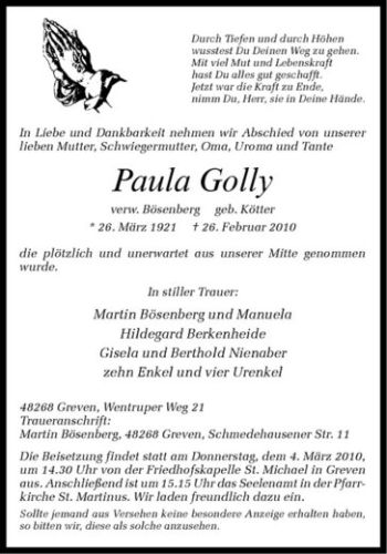 Anzeige von Paula Golly von Westfälische Nachrichten